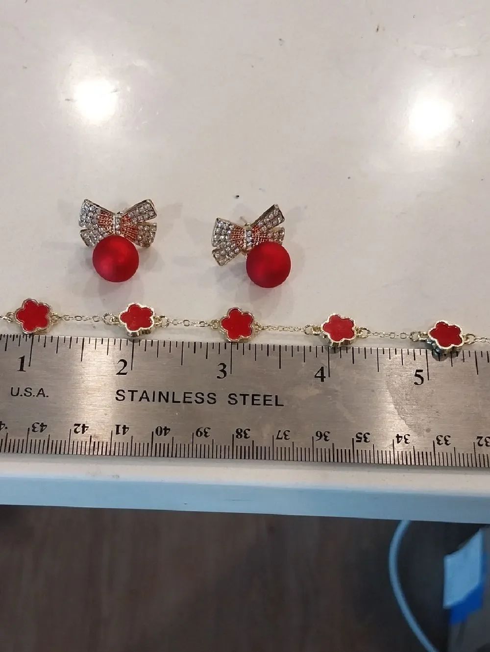 Red Clover Bracelet And Free Red Bow Earrings...New